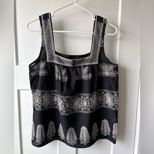 Lucky brand women’s black and white Boho embroidered semi sheer tank top cotton